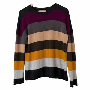 BRODIE 100% Cashmere Women's Striped Knit Crew Neck Pullover Sweater, Medium